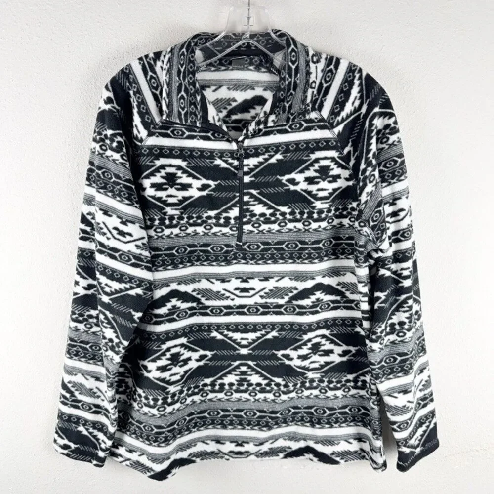 Eddie Bauer Sweater Womens Large Black White Geometric 1/4 Zip Fleece Hiking